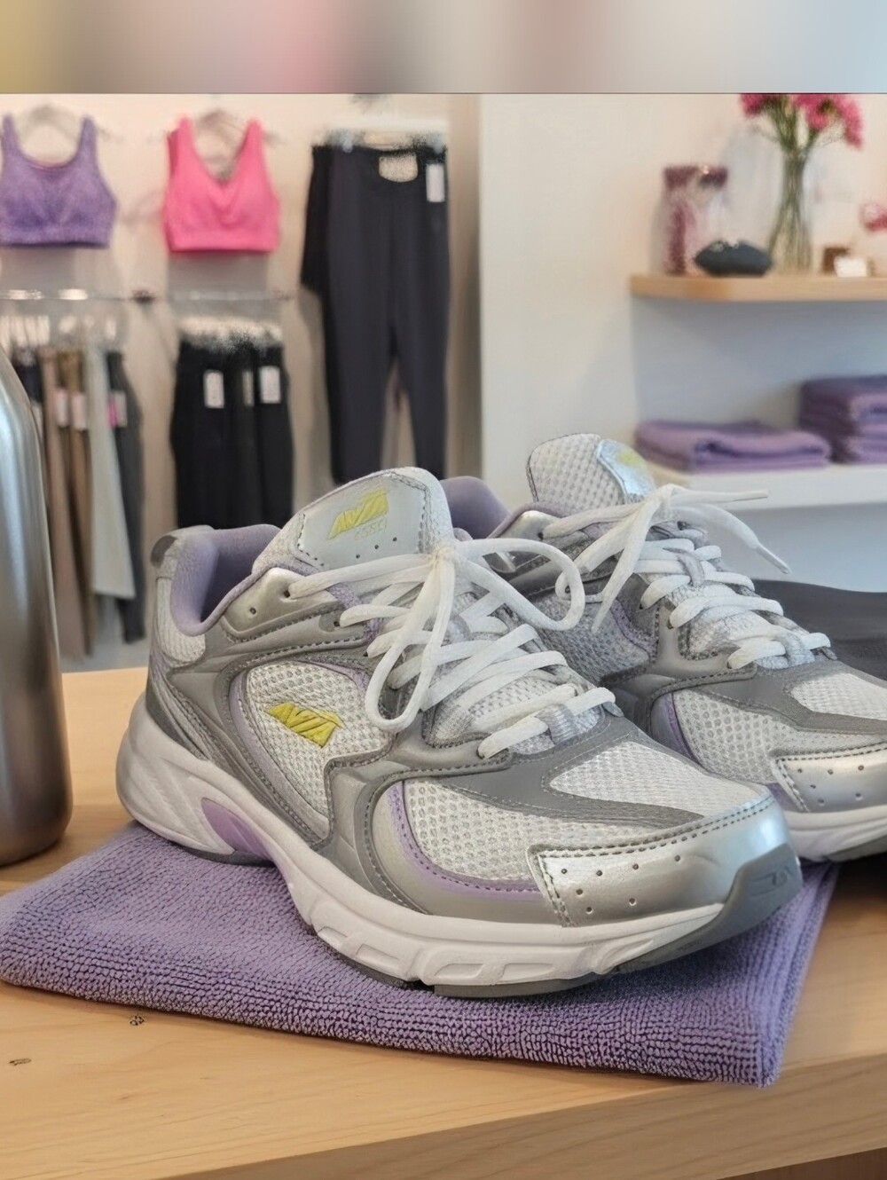 Avia Gray and Lavender Women's Athletic Sneakers with Yellow Logo 8M